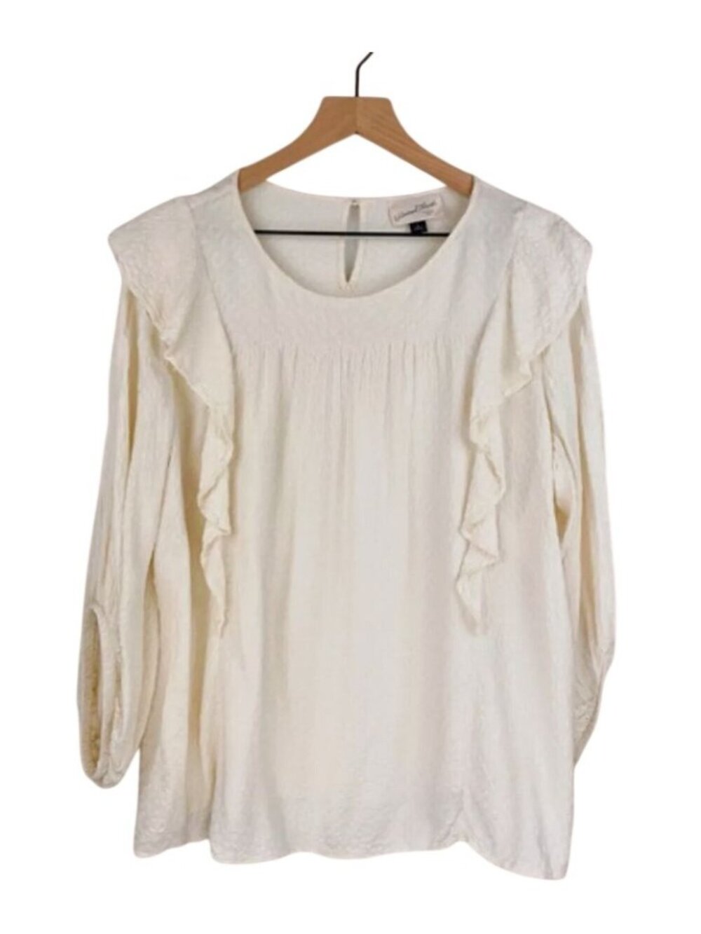 Womens Ruffled Long Sleeve Blouse Ivory Textured Lightweight Top Size S